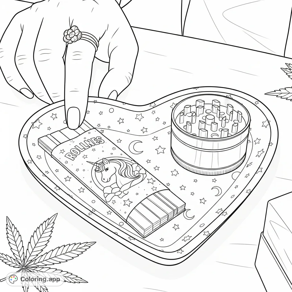 Explore a detailed cannabis culture coloring page: a hand holding a heart-shaped rolling tray with celestial patterns, unicorn rolling papers, a grinder, and leaves.