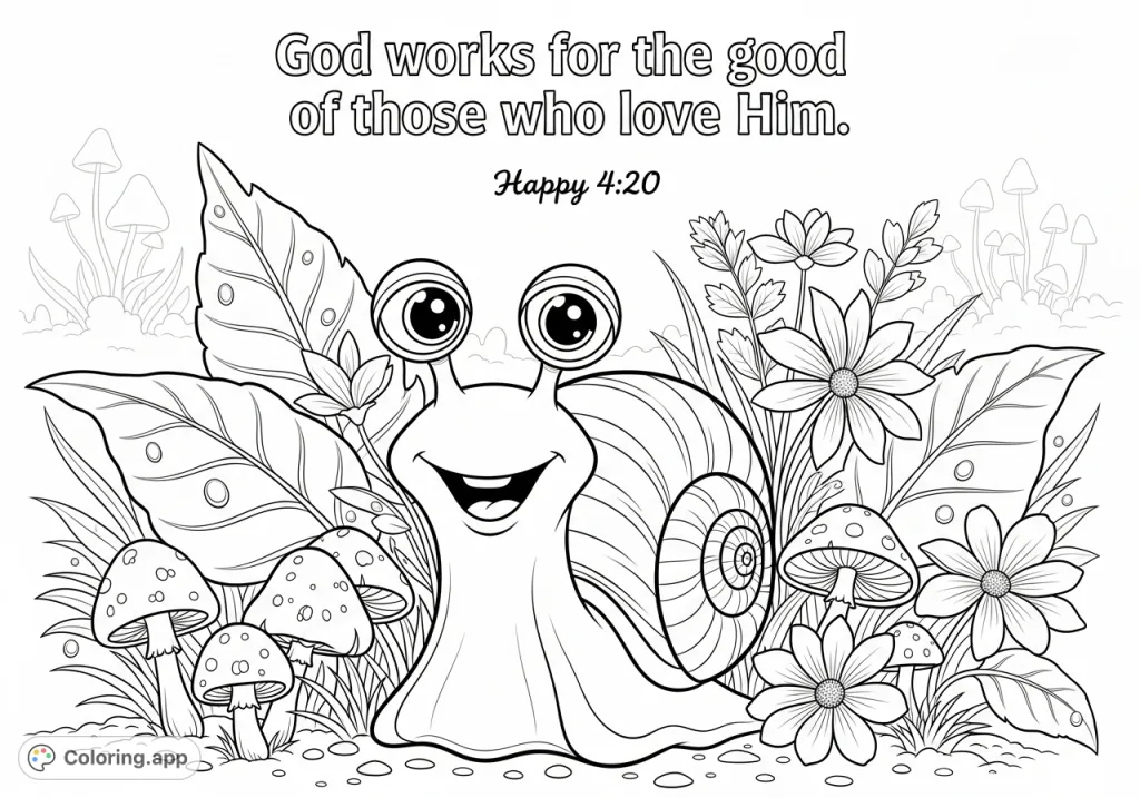 A cheerful, cartoon snail with a spiral shell smiles amidst lush garden elements, featuring an uplifting scripture and "Happy 4:20" for adult colorists.