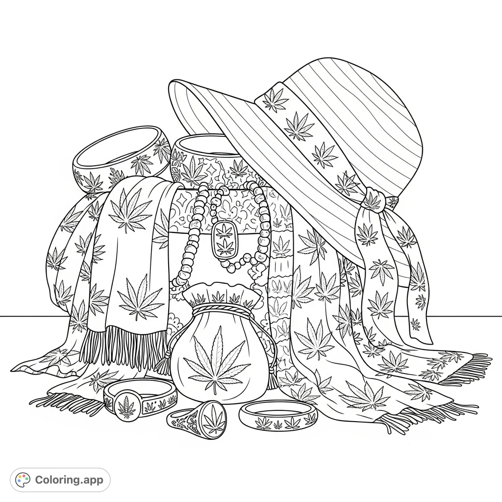 Explore a stylish collection of girly accessories, featuring a sun hat, scarves, and jewelry, all adorned with intricate cannabis leaf designs, spilling from a hat box.