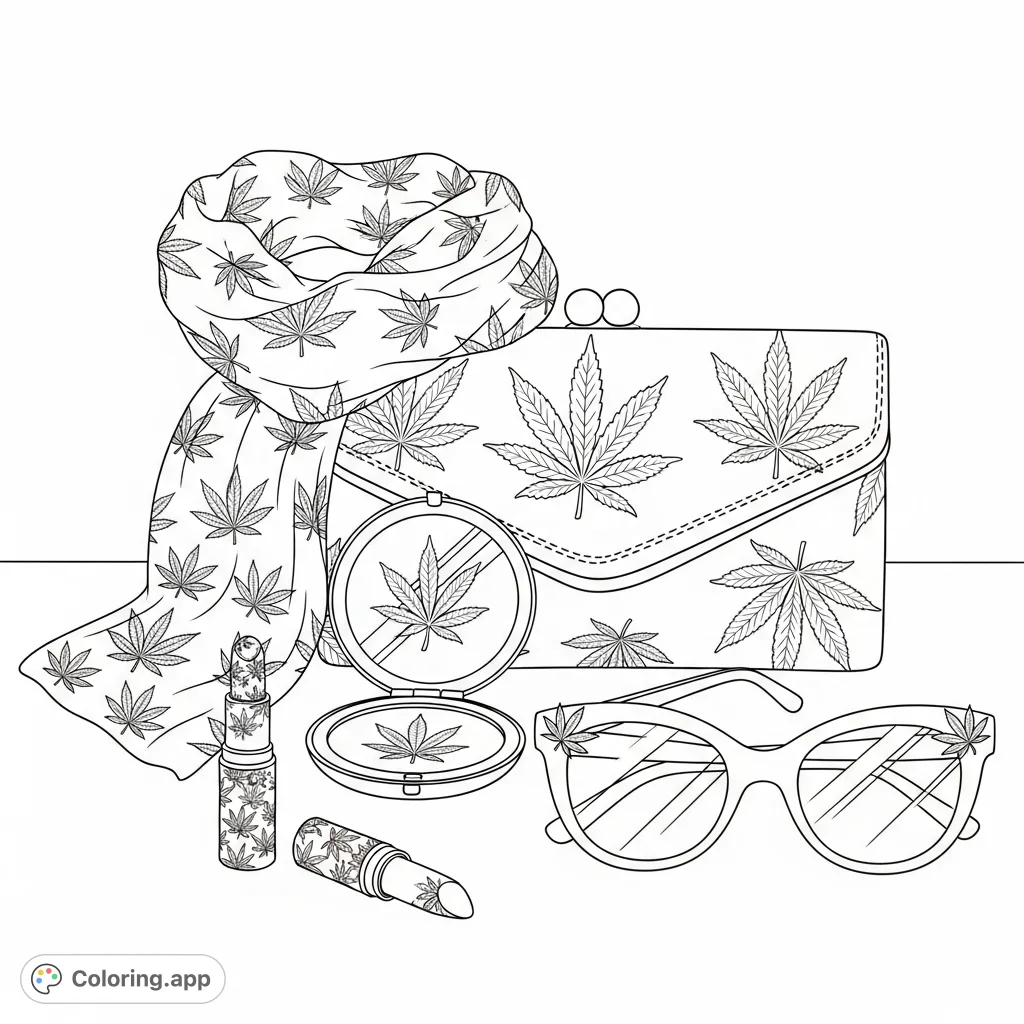 Discover a stylish arrangement of feminine accessories, each adorned with intricate cannabis leaf patterns. A sophisticated design for adult colorists.