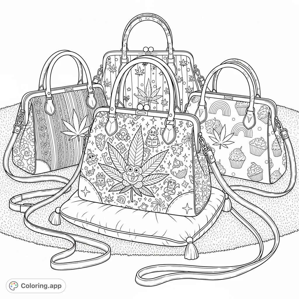 Discover a unique cannabis-themed coloring page featuring four luxurious ladies' purses with intricate patterns and gleaming accents on a plush rug.