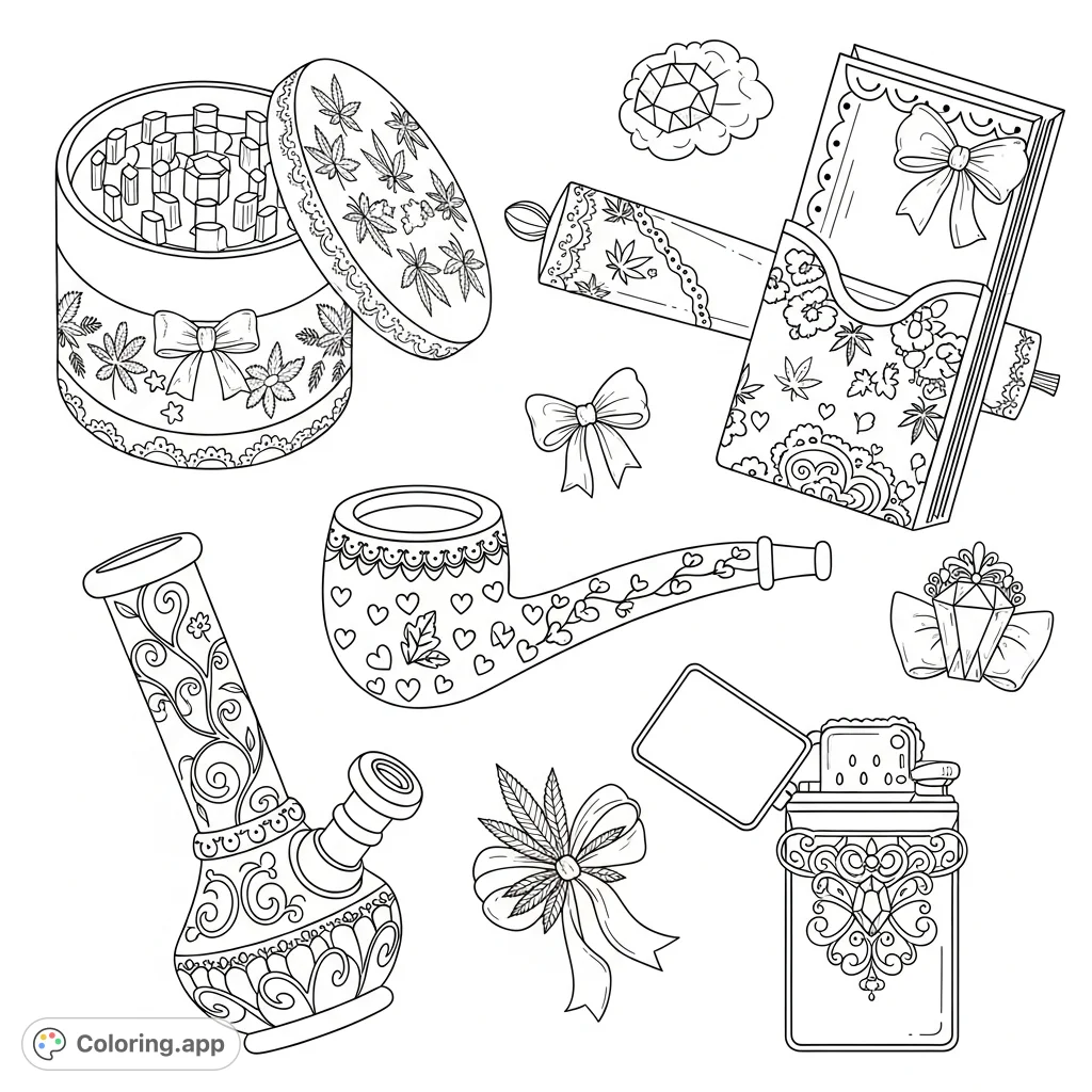 Explore a stylish collection of cannabis accessories, featuring intricate floral designs, delicate patterns, and elegant embellishments for a sophisticated coloring experience.