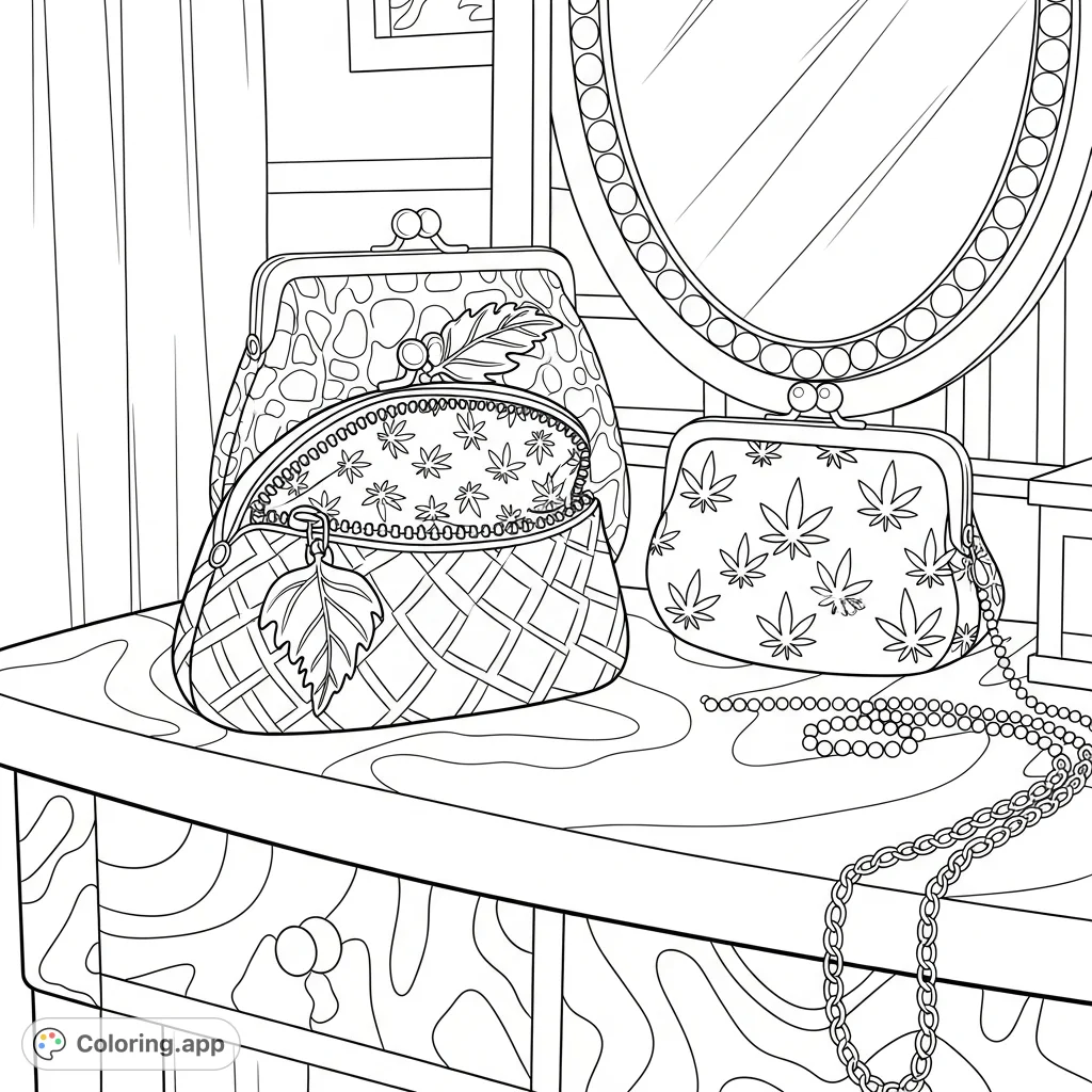 Explore a luxurious collection of unique purses on a stylish vanity table, complete with patterned details, cannabis emblems, pearls, and a decorative mirror.