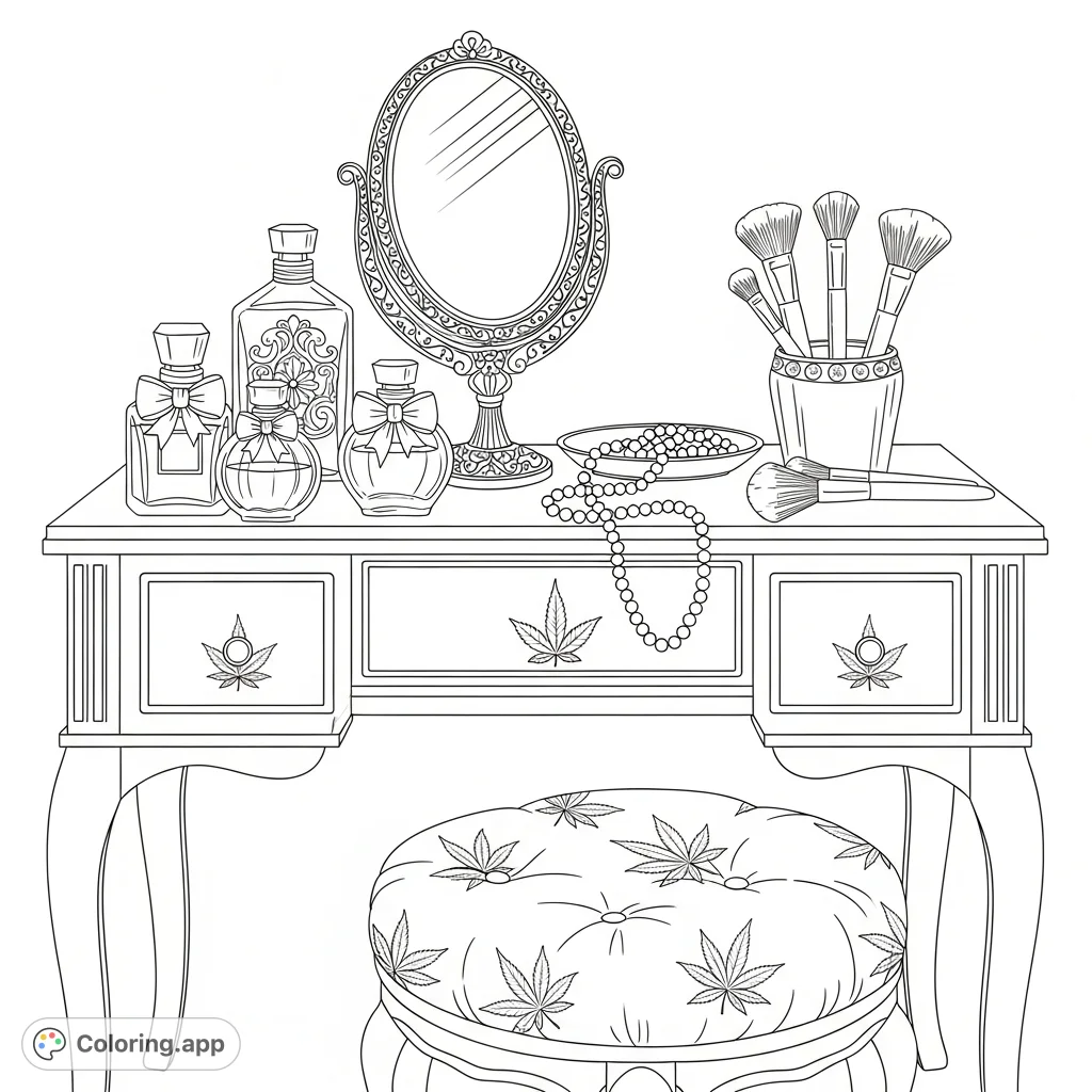 A detailed coloring page of a chic bedroom vanity area, featuring a dressing table with cannabis leaf patterns, perfume bottles, and pearl necklaces.