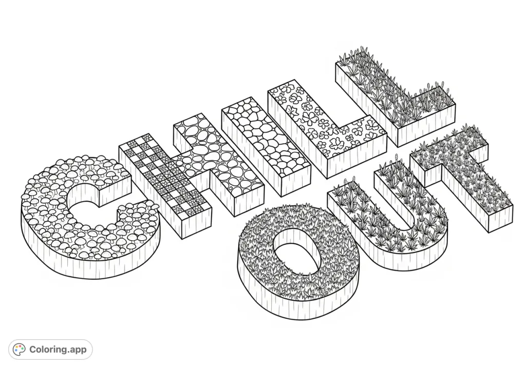Explore a unique 'Chill Out' psychedelic landscape coloring page, where each letter is a terrain of mushroom caps, river stones, floral tiles, and cannabis stalks. Free printable for adults.