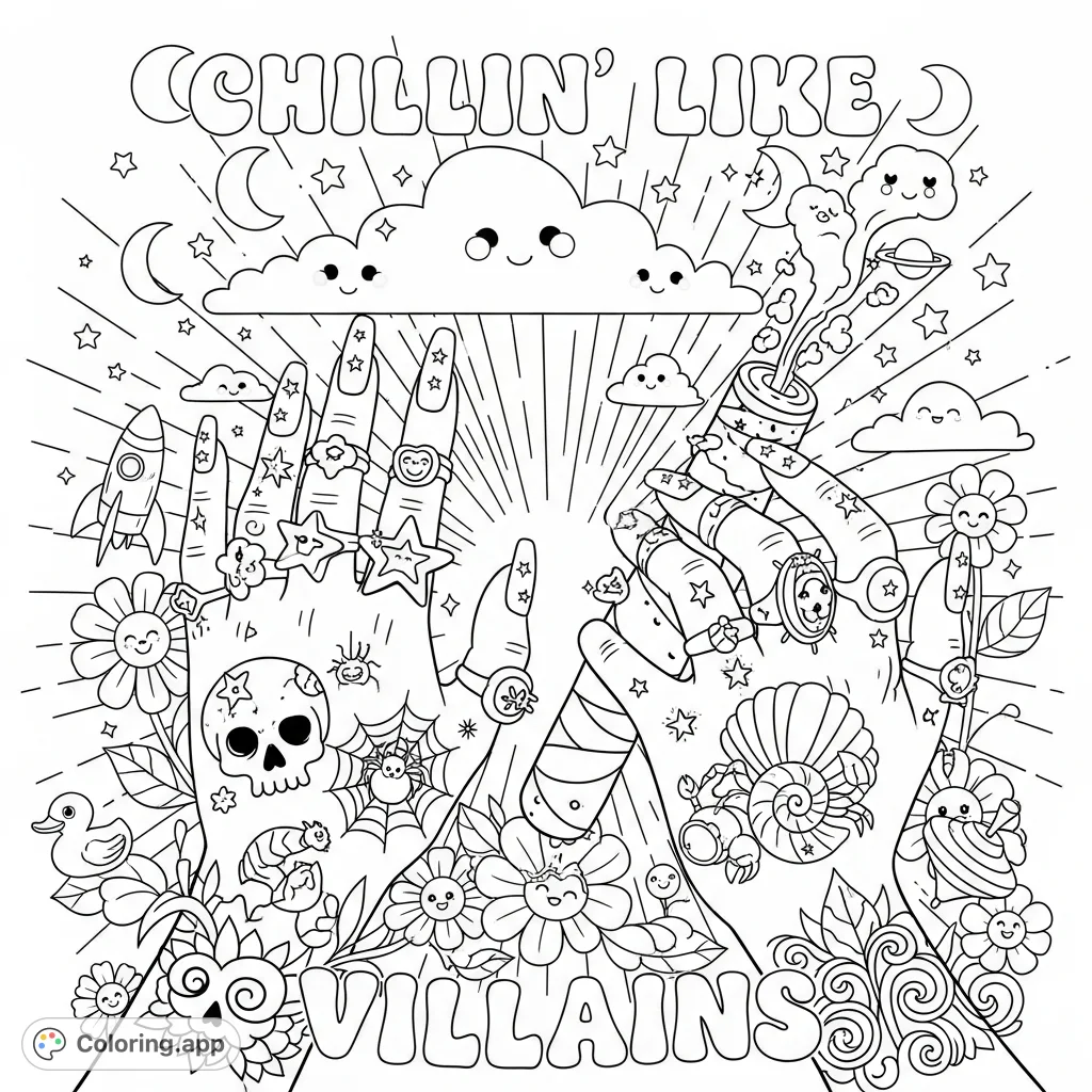 Intricate coloring page featuring hands adorned with rings, detailed tattoos, and a mysterious object amidst stylized flowers and a bold text design. Perfect for adults.