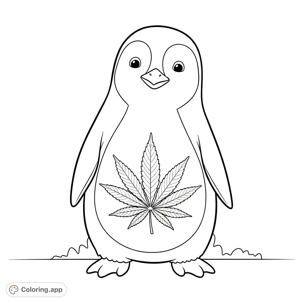 A delightful marijuana penguin coloring page featuring a cheerful penguin adorned with a detailed cannabis leaf, perfect for relaxation and creative expression.
