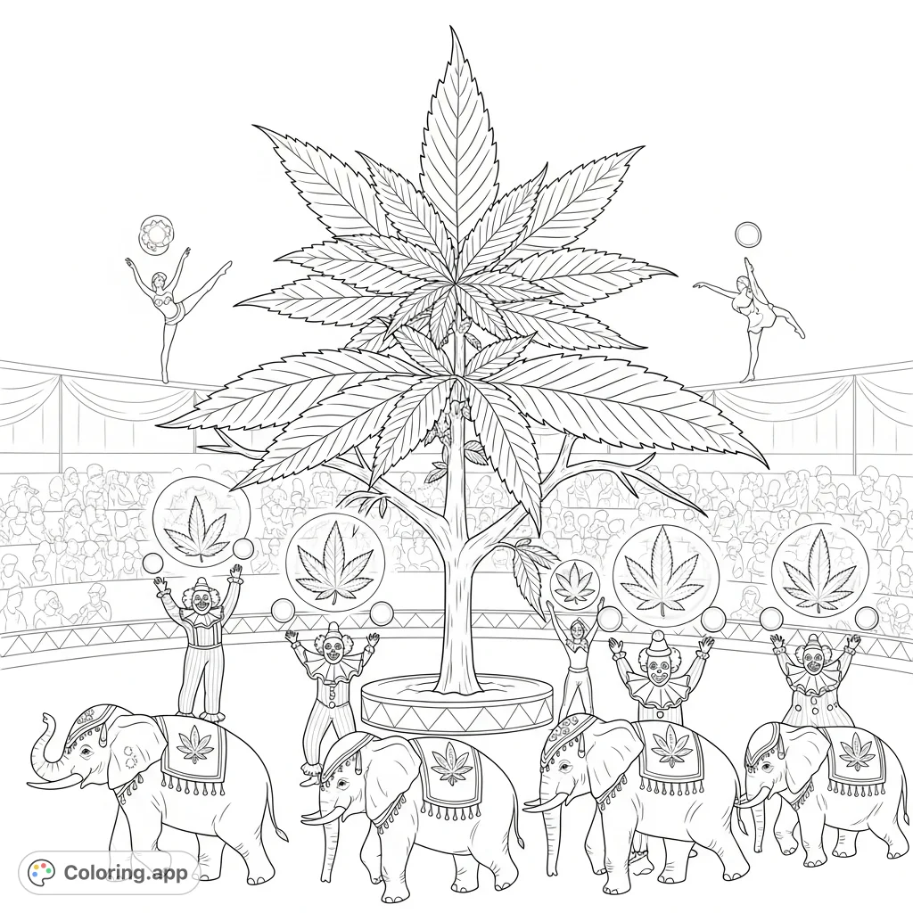 A whimsical circus scene featuring a giant cannabis plant, juggling clowns, acrobats, and parading elephants with cannabis-themed adornments. A unique coloring page.
