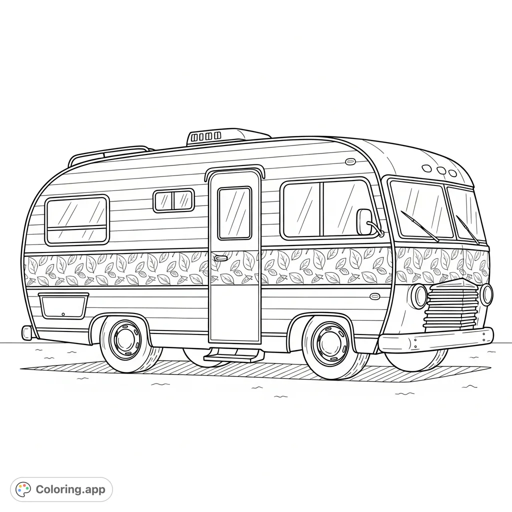 Step into a bygone era with this vintage RV coloring page. Features a classic rounded camper, detailed wheels, and a unique leaf-patterned stripe.