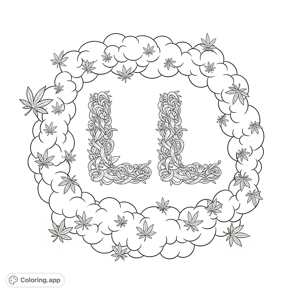 Discover a unique artistic blend with this whimsical cloud enclosure featuring smoke-formed 'L' letters and abundant, detailed marijuana leaves.