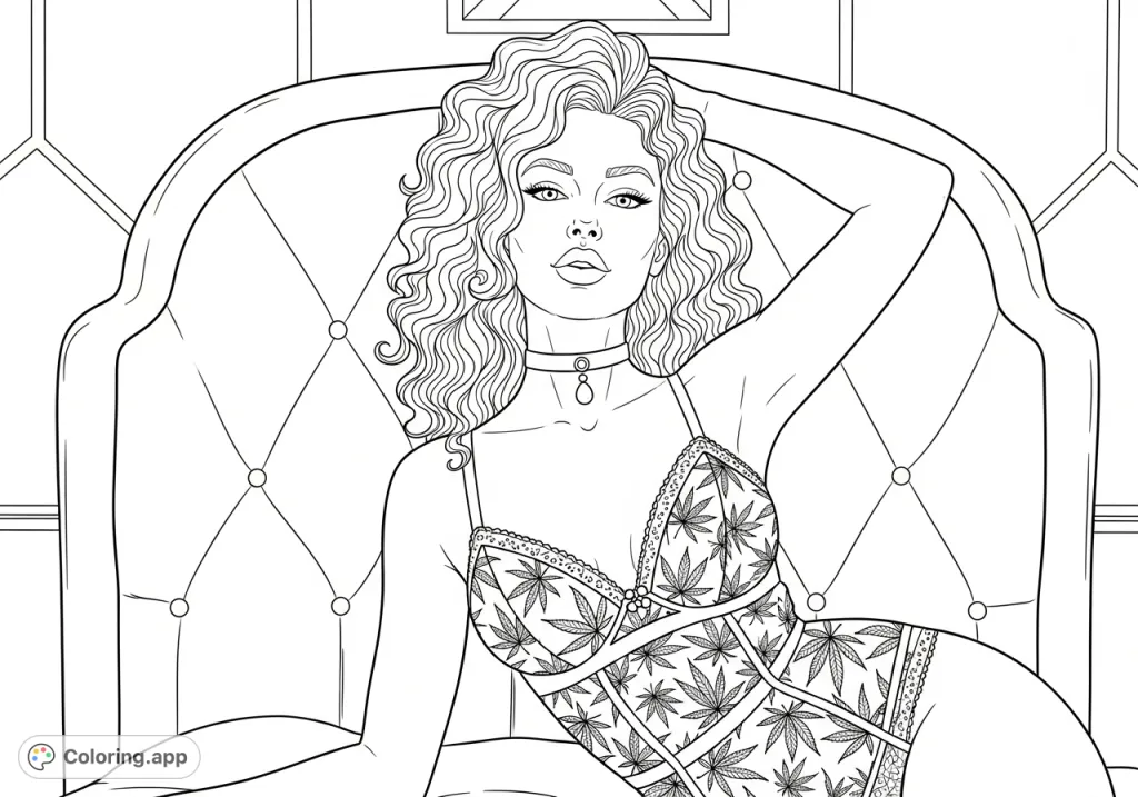 A confident woman reclines against an Art Deco headboard, her luxurious curly hair framing her face. She wears intricate lace lingerie with cannabis leaf patterns.