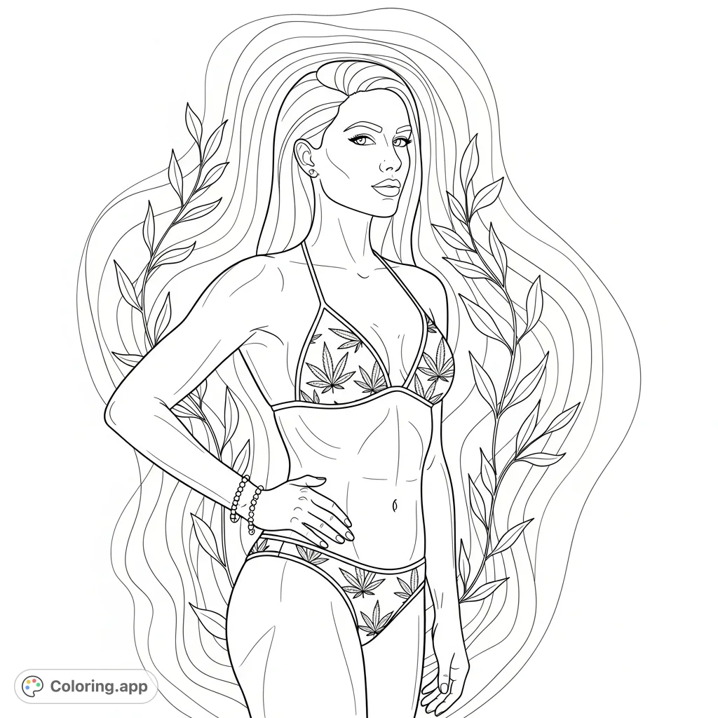 A powerful woman in a cannabis leaf bikini, with a delicate bracelet, set against a dynamic background of flowing lines and botanical forms. A unique artistic statement.