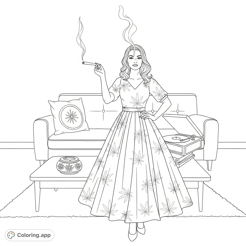A confident woman in a cannabis-patterned dress enjoys a moment in a cozy mid-century living room. Features a lit cigarette, smoke, and vintage decor.