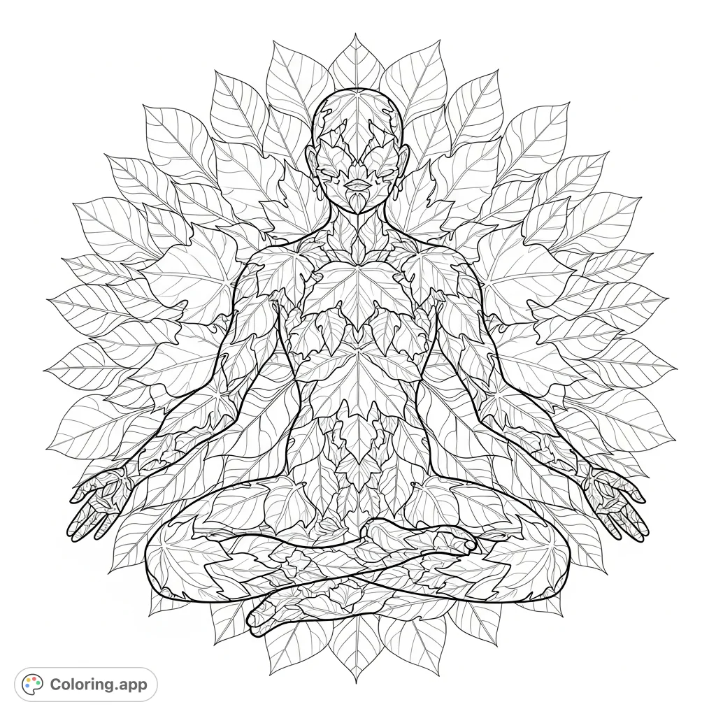 An intricate overhead view of a human figure meditating, artfully composed of layered leaves, centered within an expansive, organic mandala design.