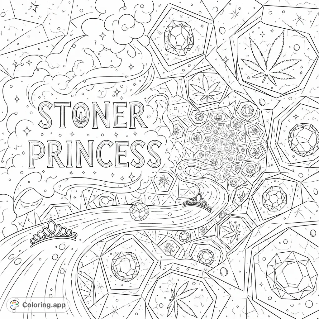 An intricate stoner princess coloring page featuring words floating on cosmic dust through a geometric light tunnel with cannabis leaves, jewels, and distant tiaras.