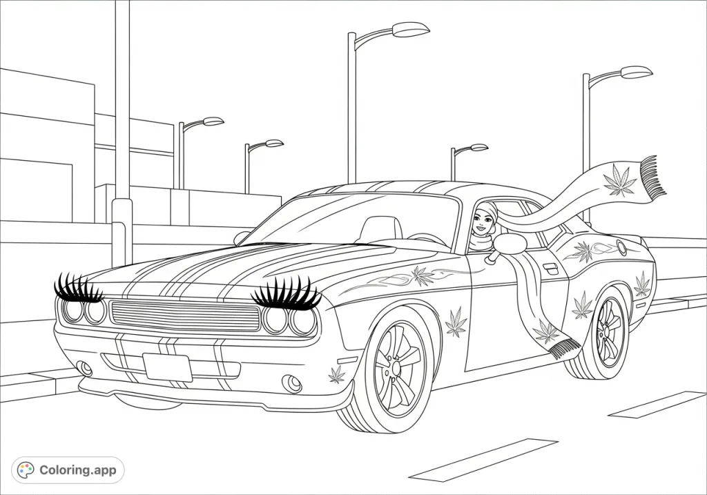 An imposing muscle car with unique cannabis leaf pinstriping and expressive eyelashes, parked in a stylized urban setting. A creative and detailed coloring challenge.
