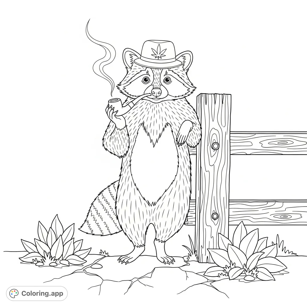Color a dapper raccoon leaning against a weathered fence, sporting a cannabis leaf hat and pipe, amidst an urban garden of broad-leaf plants.