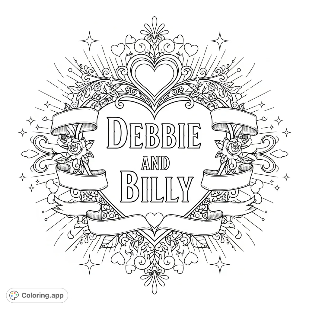 Celebrate love with this beautiful Debbie and Billy coloring page. Features names within an ornate heart, surrounded by romantic florals and filigree.