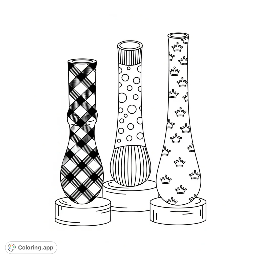 Explore a collection of uniquely shaped pipes, each adorned with distinct patterns like plaid, polka dots, stripes, and crowns, presented on simple pedestals.