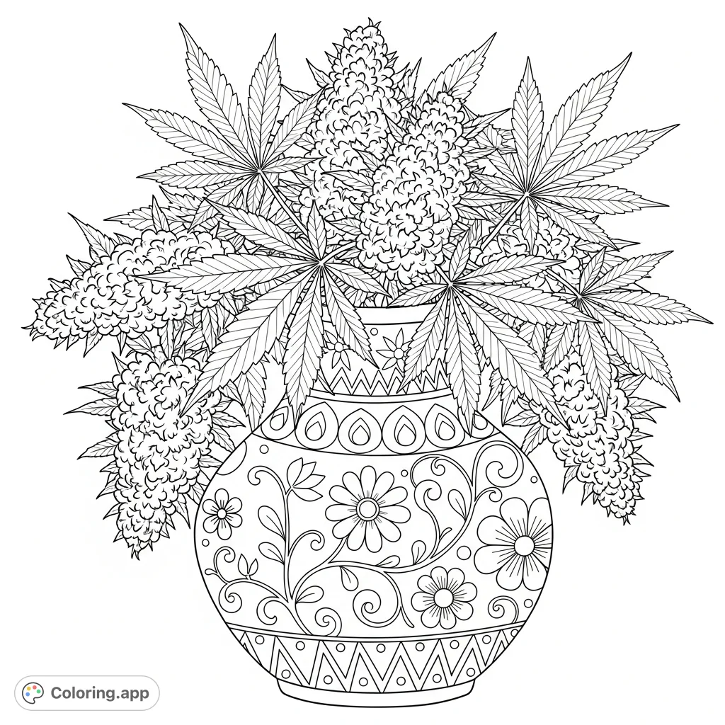 An intricate, close-up marijuana vase coloring page featuring bold, feminine patterns and detailed cannabis leaves and buds, perfect for adult colorists.