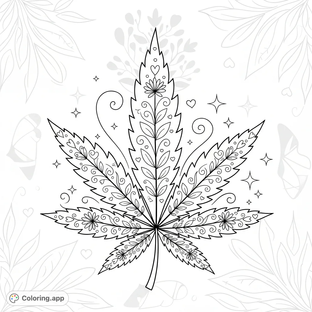A decorative cannabis leaf motif adorned with elegant floral patterns, delicate swirls, and sparkling accents. Perfect for adult coloring enthusiasts.