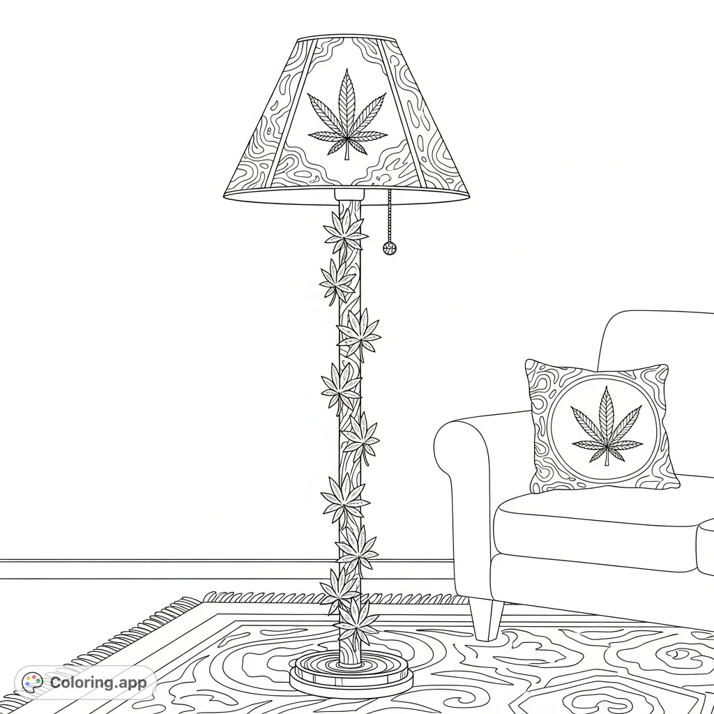 A stylish floor lamp with intricate cannabis leaf designs on its ornate stem and lampshade, set in a chic living space with a patterned rug and cushion.