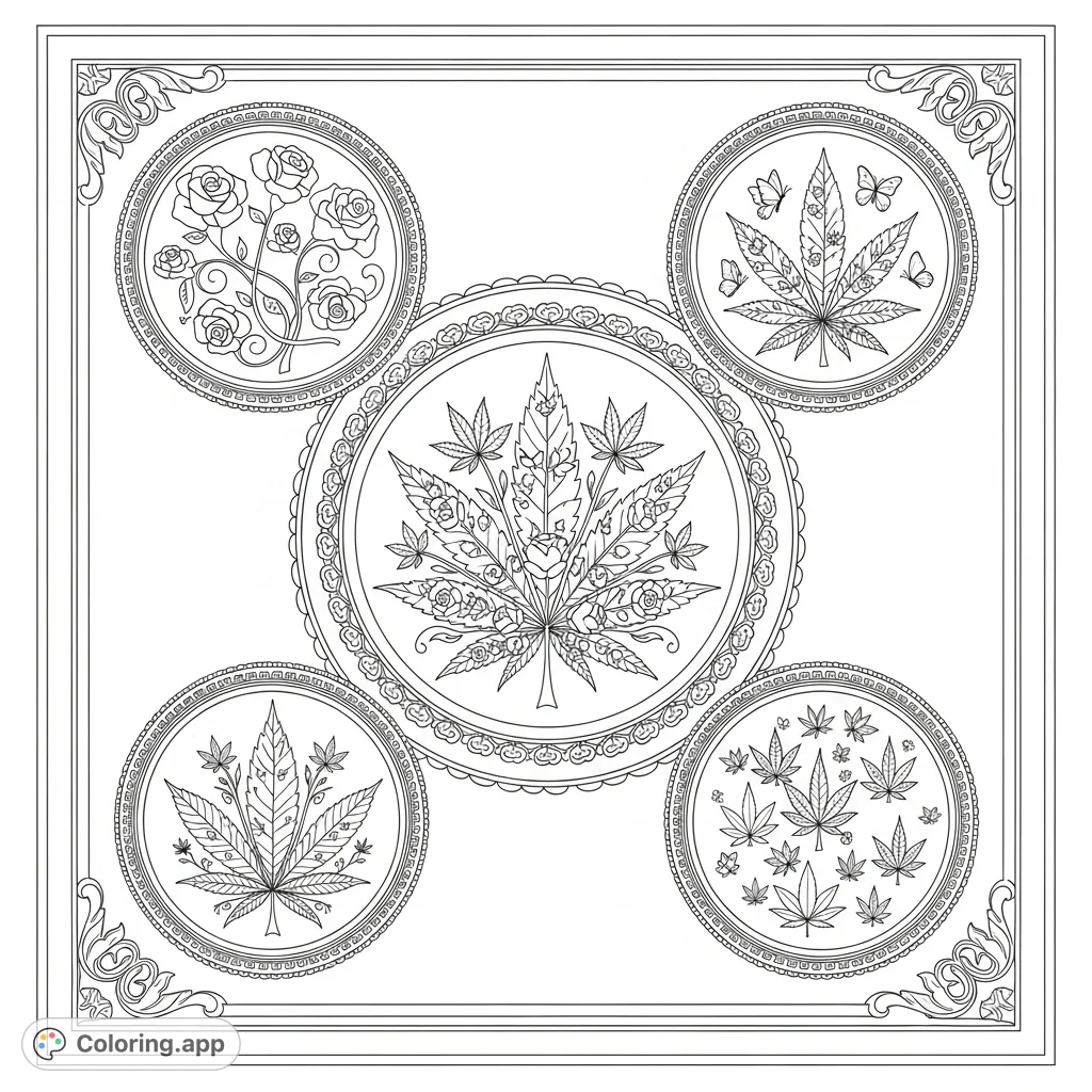 An intricate decorative wall panel with circular inserts, each featuring a 'girly' cannabis leaf motif formed from delicate florals and tiny butterflies.