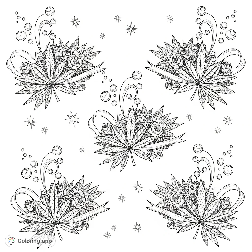 A dynamic, repeating pattern of stylized cannabis leaves with swirling ribbons, delicate rosebuds, and ornate stars, offering a unique decorative coloring page for adults.