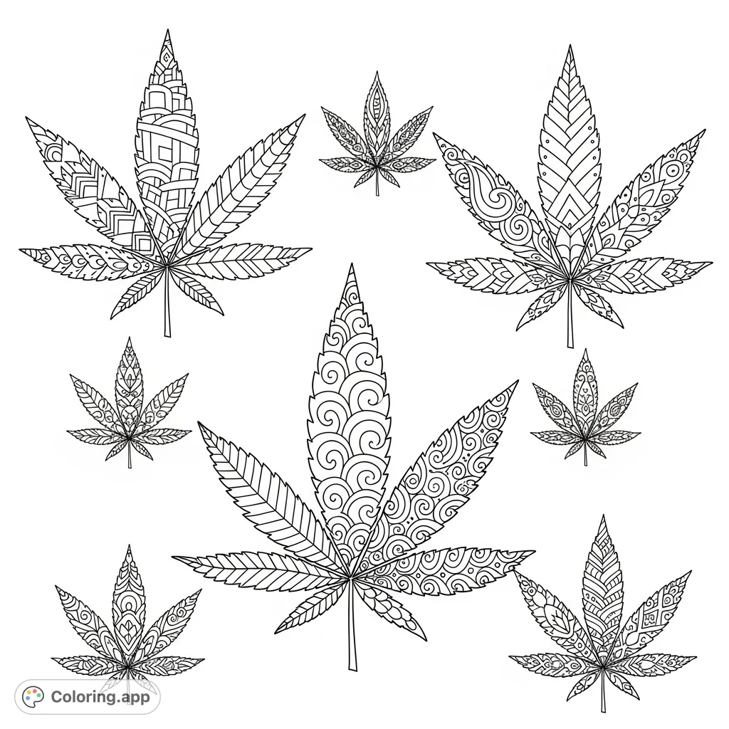 Explore a detailed cannabis leaf coloring page featuring intricate geometric, mandala, and paisley patterns within each lobe. A meditative artistic challenge.