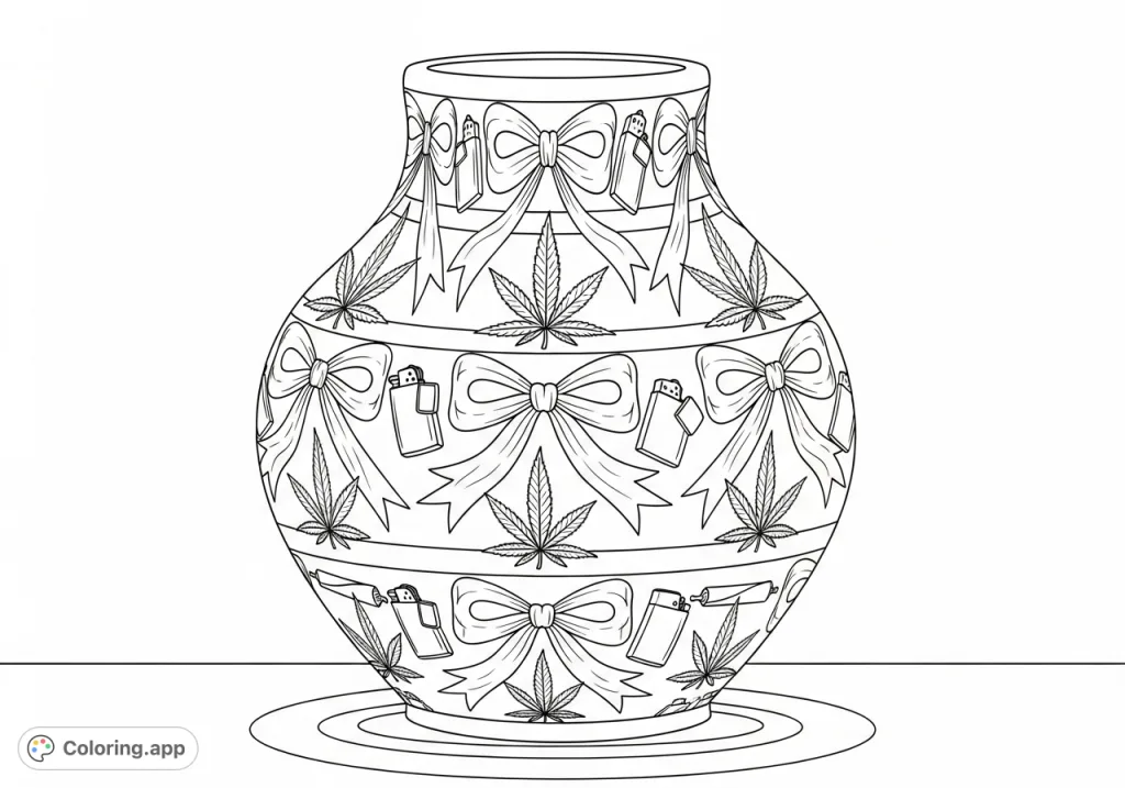 An intricately detailed ceramic vase featuring stylized bows, meticulously etched marijuana leaves, and subtle imagery of lighters and rolling papers.