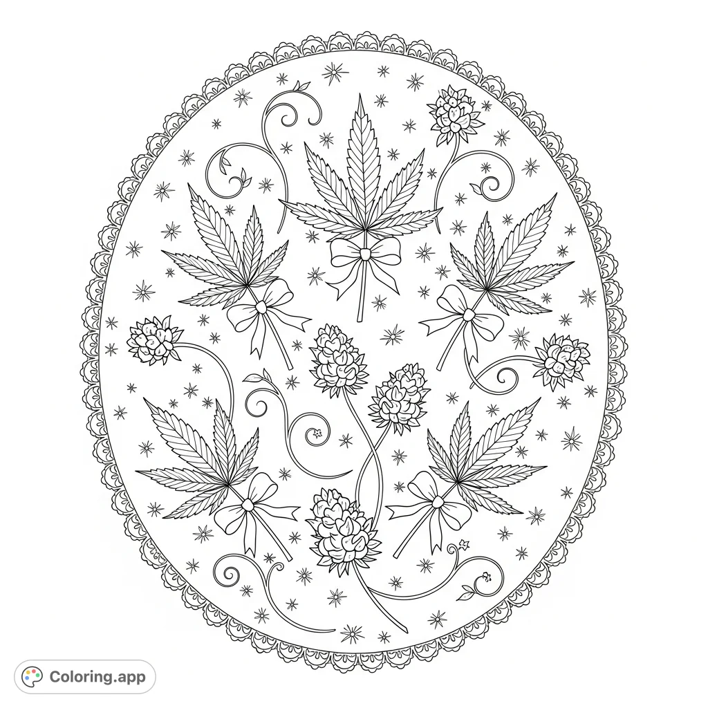 An intricate coloring page featuring delicate cannabis leaves tied with bows, intertwined with floral buds and tendrils, all within a decorative oval border with lace motifs.