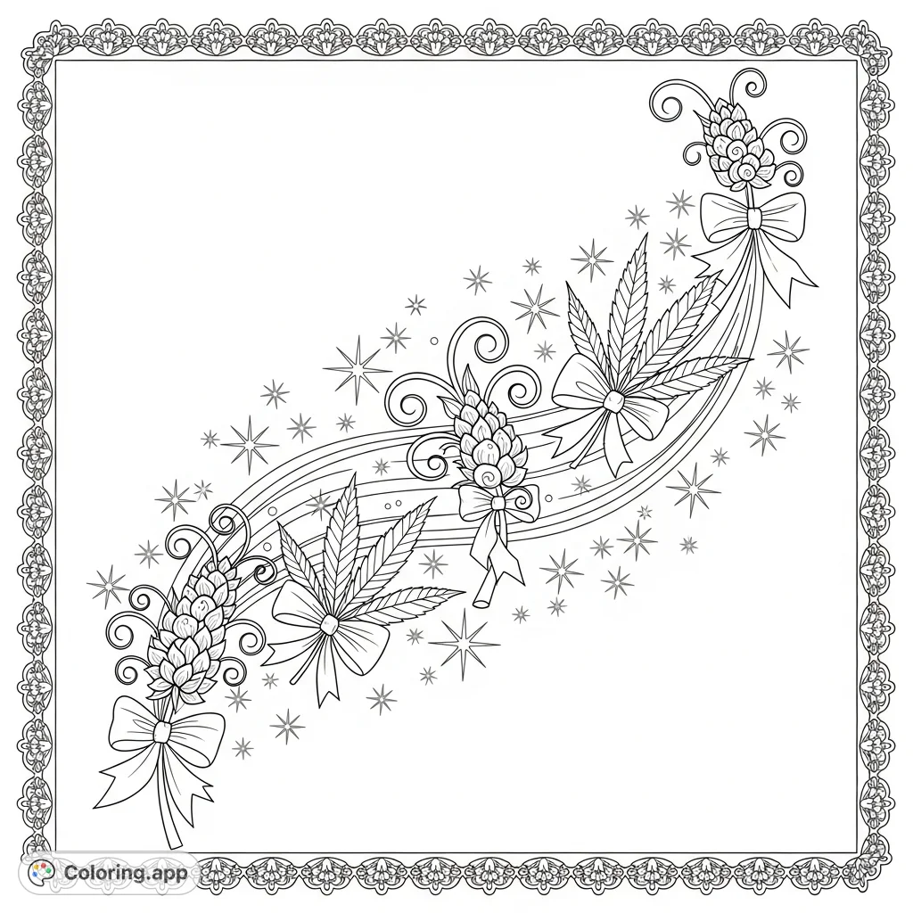 An intricate coloring page featuring a flowing stream of delicate cannabis leaves with satin bows, whimsical floral buds, sparkling starbursts, and an ornate lace border.