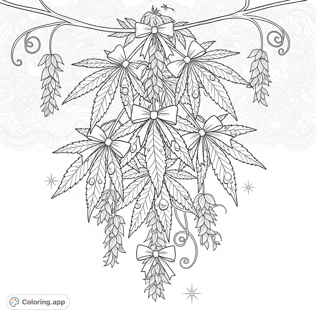 An intricate coloring page featuring delicate cannabis leaves tied with bows, luminous dewdrops, floral buds, and a detailed lace background.