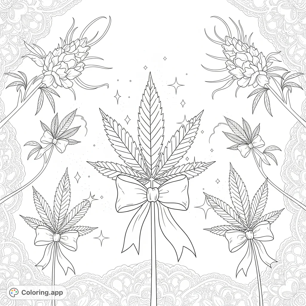Discover an intricate cannabis leaves coloring page with delicate leaves, satin bows, whimsical floral buds, and elaborate lace motifs for a serene experience.