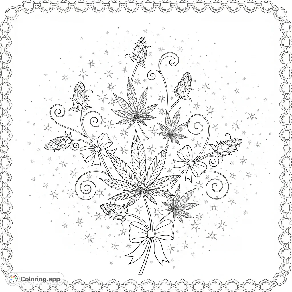 A serene cannabis leaves coloring page, featuring intricate bows, whimsical floral buds, starbursts, and an elegant lace motif for adult relaxation.