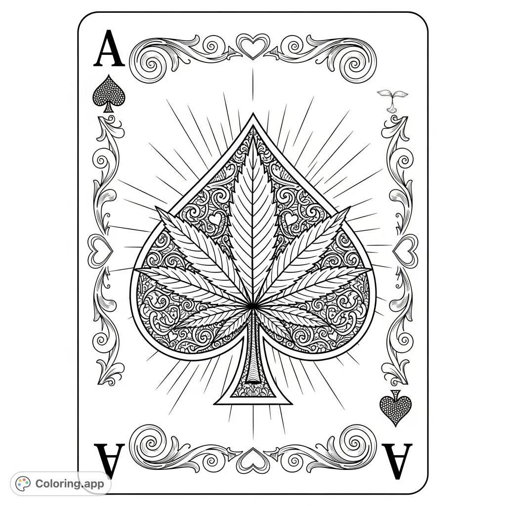 Experience this intricate Ace of Spades coloring page, featuring a detailed cannabis leaf within the iconic spade. Perfect for adult colorists seeking a unique challenge.