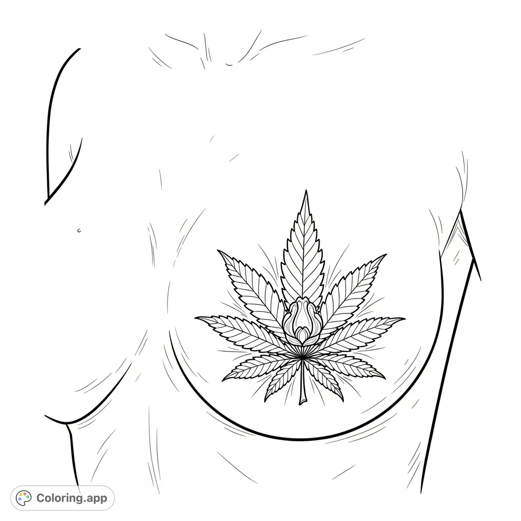 Explore the intricate details of a singular breast featuring a unique cannabis leaf tattoo. A realistic body art piece ready for your creative touch and personal expression.