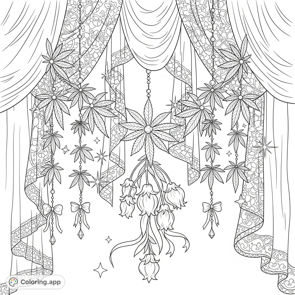 An intricate coloring page featuring delicate cannabis leaves in elegant garlands, adorned with tiny bows, sparkling crystal beads, whimsical floral buds, and lace-patterned sheer panels.