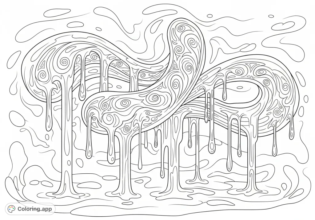 Immerse yourself in a dynamic cannabis leaf coloring page featuring interconnected organic shapes, flowing drips, and intricate swirls against a liquid-like background. Perfect for relaxation.