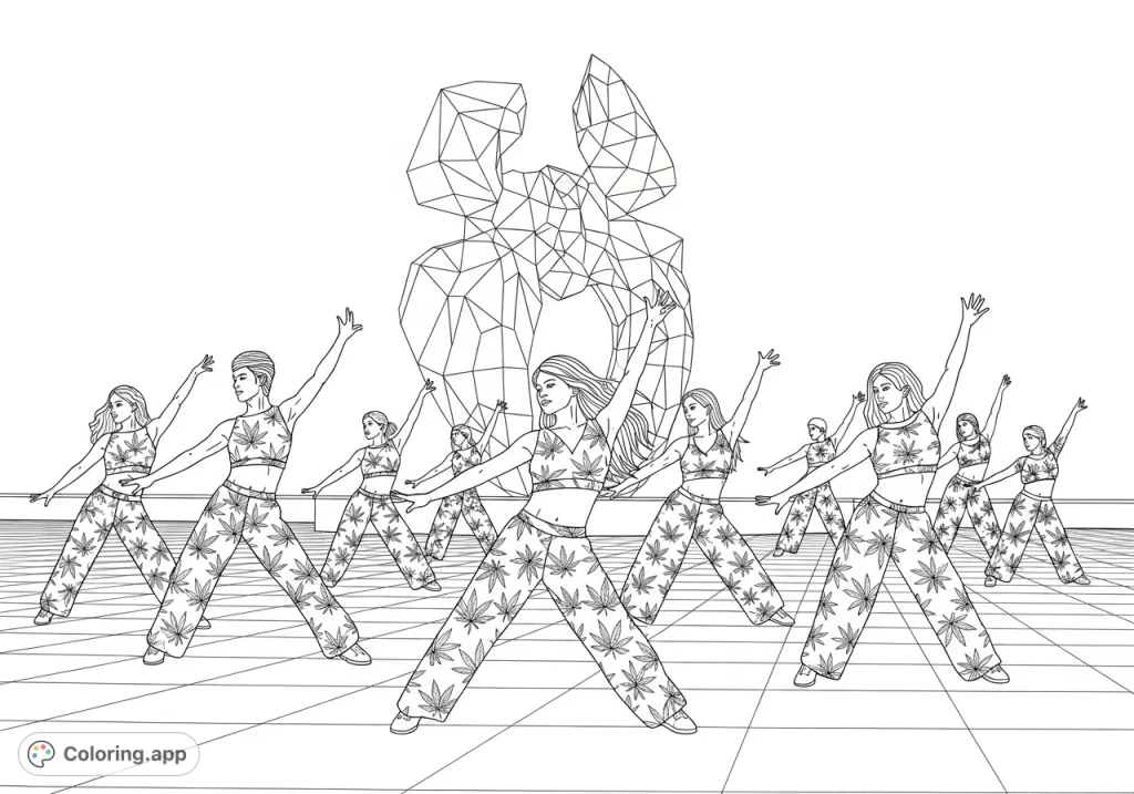 Experience a vibrant group dance on a wide plaza, featuring dancers in two-piece outfits adorned with intricate cannabis leaf patterns, set against an abstract sculpture. Perfect for adults.