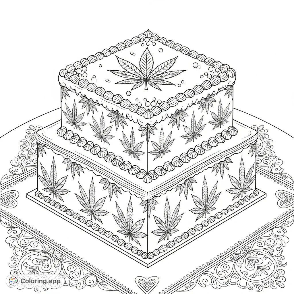 A detailed 3-tier square cake featuring an elaborate cannabis leaf stencil motif and delicate sugar piping, set on an embroidered tablecloth. Perfect for intricate coloring.