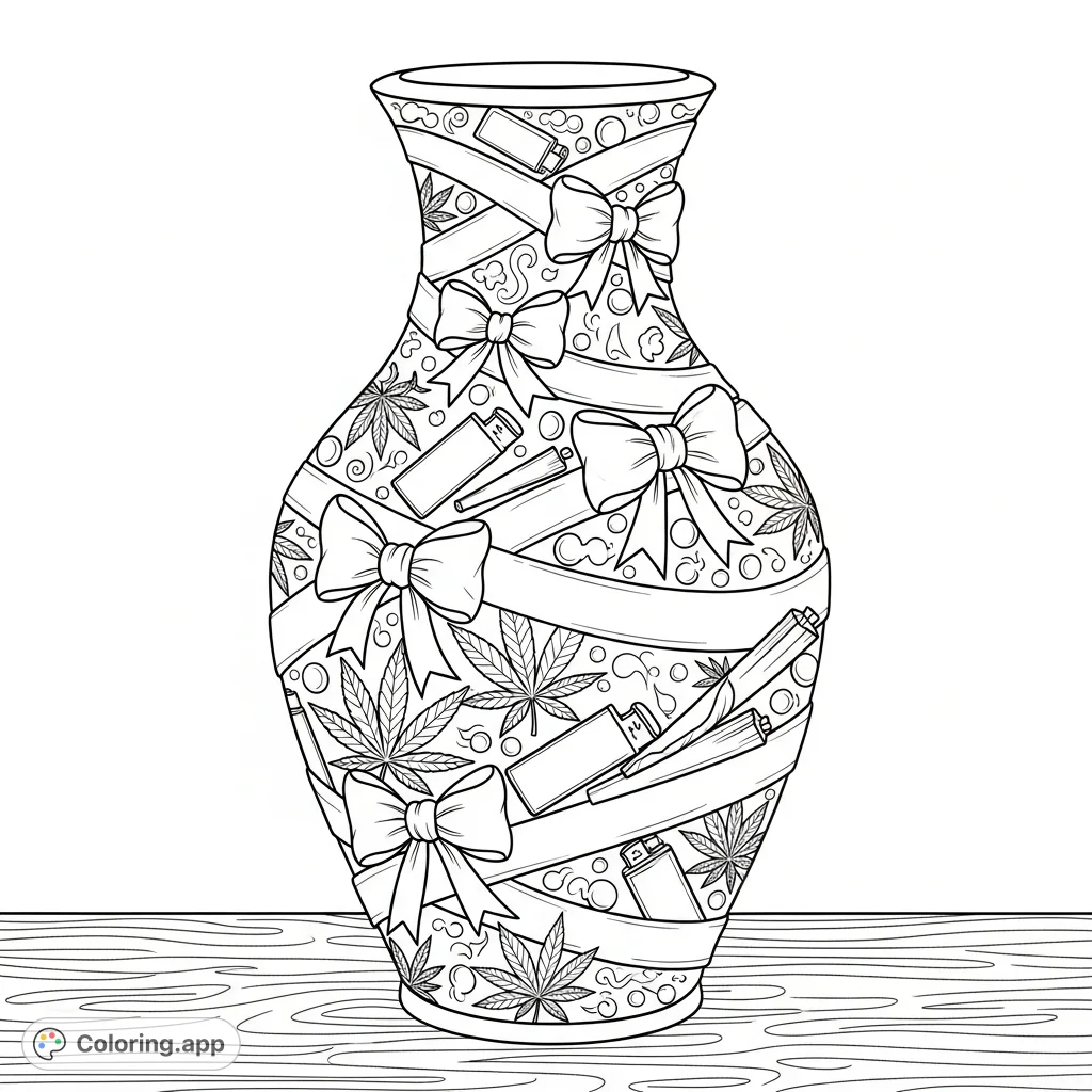 An intricate ceramic vase adorned with swirling ribbons, stylized bows, detailed marijuana leaves, rolling papers, and lighters, standing on a wooden table.