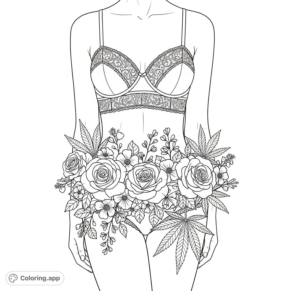 An elegant woman's torso adorned with intricate lace undergarments and a lavish botanical arrangement of roses, flowers, and cannabis leaves.