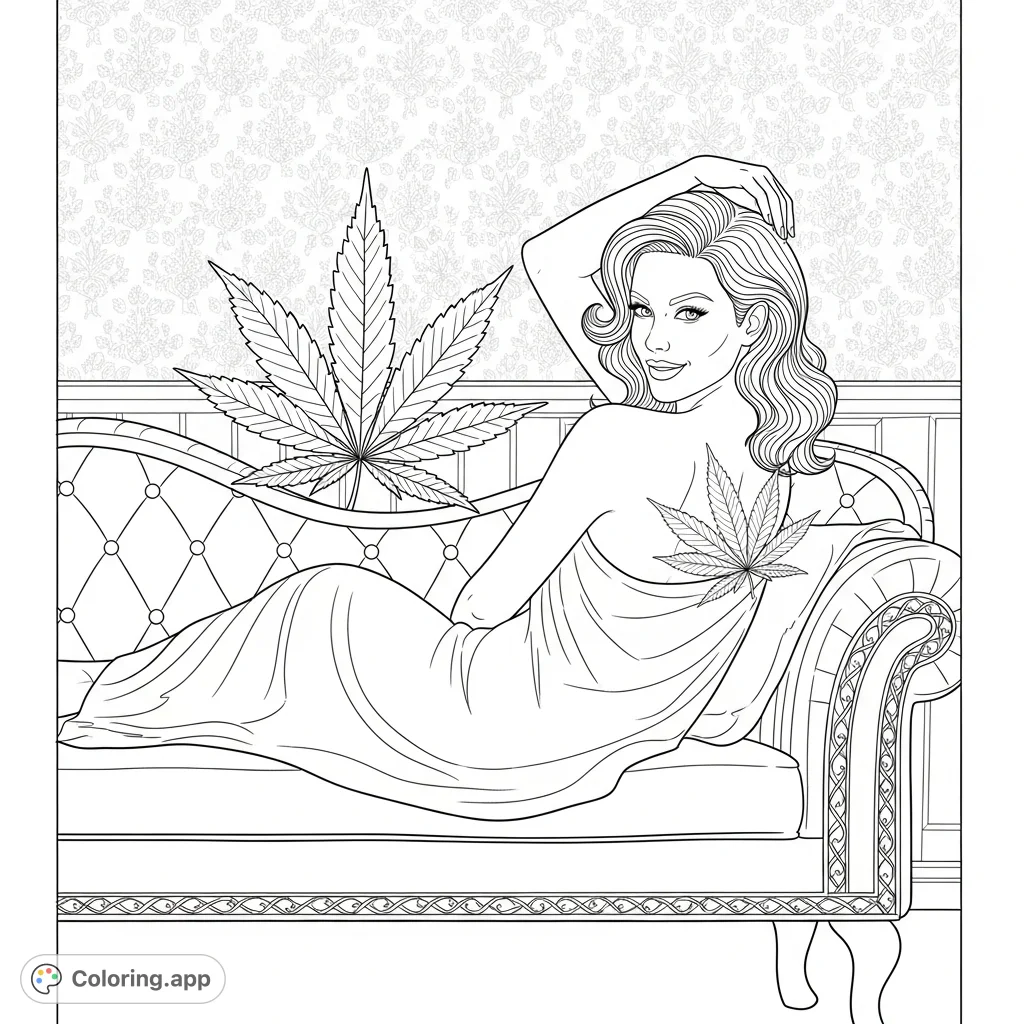 An elegant woman reclines on a plush, tufted chaise lounge, smiling coquettishly with a distinct cannabis leaf subtly peeking behind her shoulder.