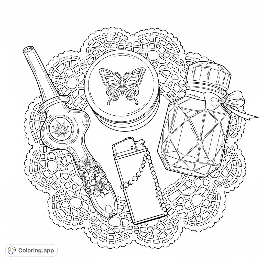 An elegant arrangement of cannabis accessories, featuring a floral-etched glass pipe, a butterfly grinder, and a crystal-like stash jar on a delicate lace doily.