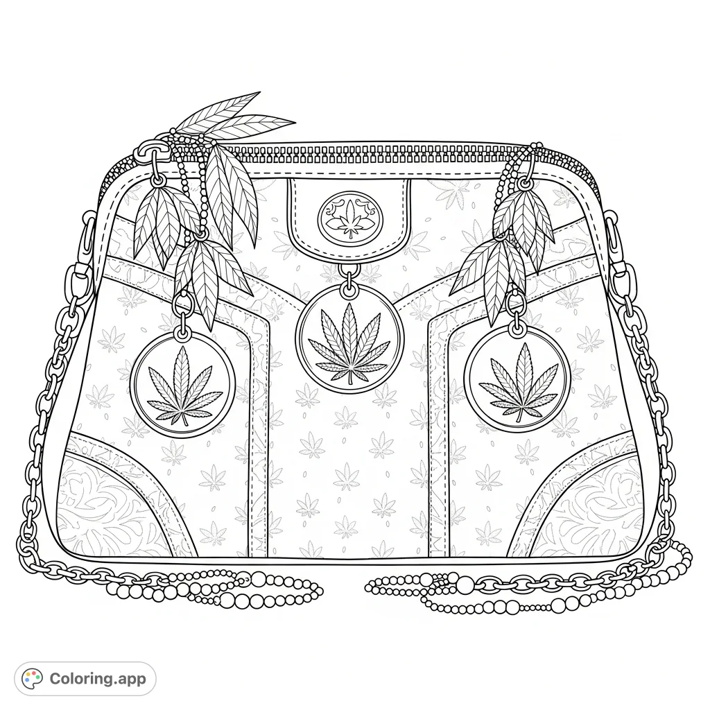 An elegantly shaped purse adorned with Marijuana leaf charms, cannabis flower emblems, and intricate patterns. Surrounded by delicate beads and chains, showcasing a unique, refined style.