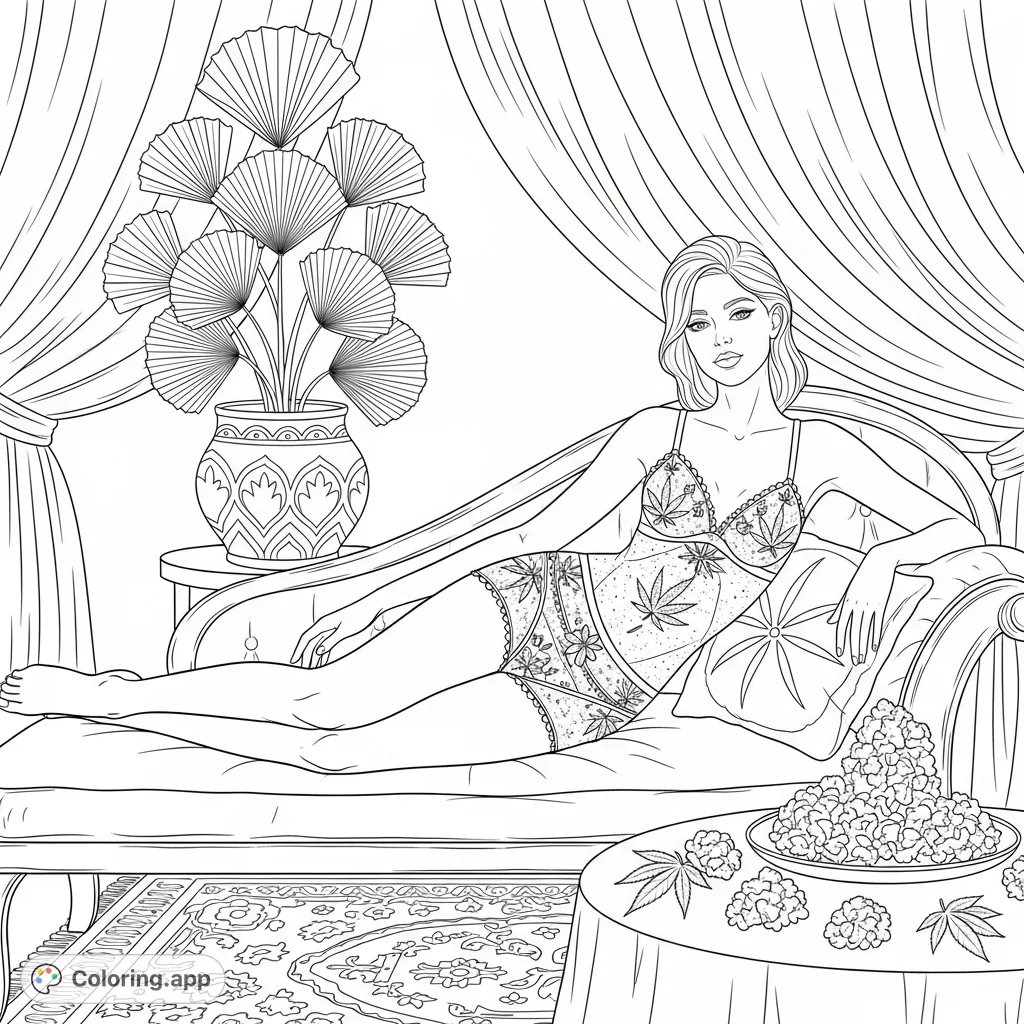 Elegant boudoir scene with a graceful figure in delicate lingerie featuring cannabis leaf patterns. Stylized cannabis plants add a unique, sophisticated touch.