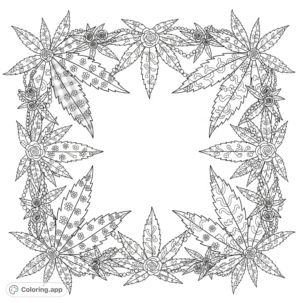 An elegant cannabis leaf border with intricate feminine patterns, pearl strings, and rosettes, perfect for adult colorists seeking detailed designs.