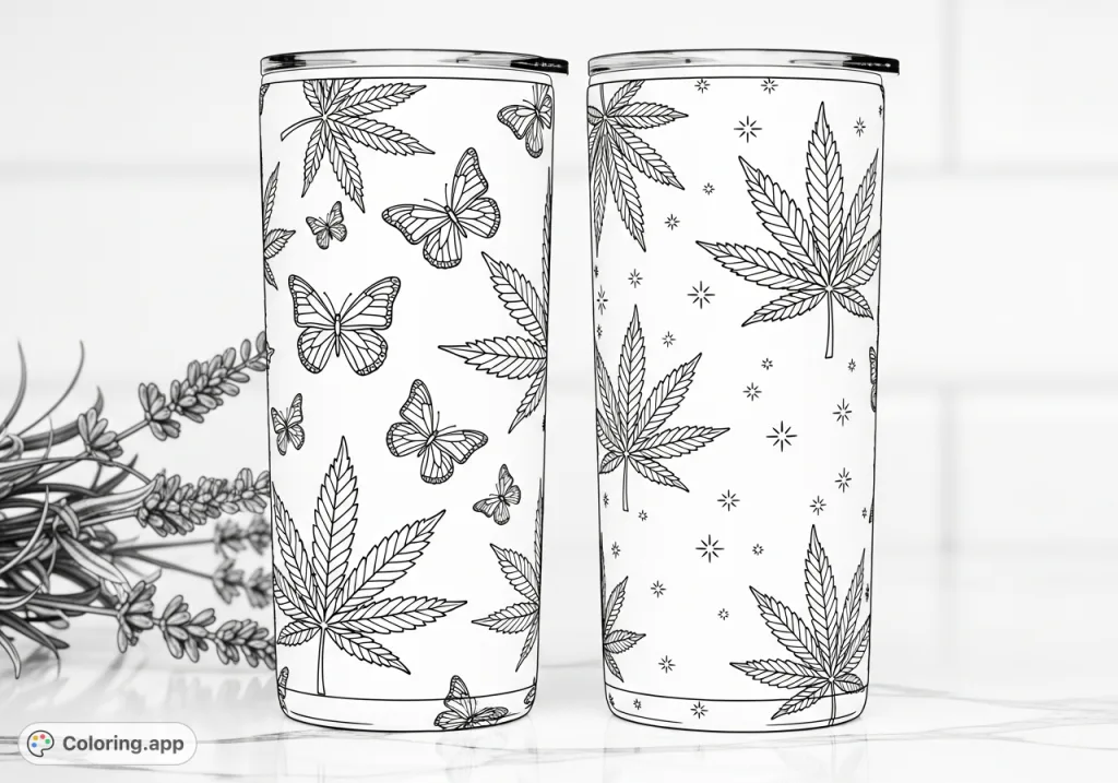 Discover a sophisticated coloring page featuring two sleek tumblers adorned with intricate cannabis leaf patterns, delicate butterflies, and scattered starbursts.