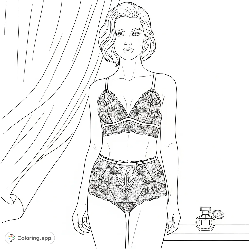 A woman in exquisite lace lingerie adorned with intricate cannabis leaf patterns, set in an intimate scene with a billowing curtain and elegant perfume bottle.